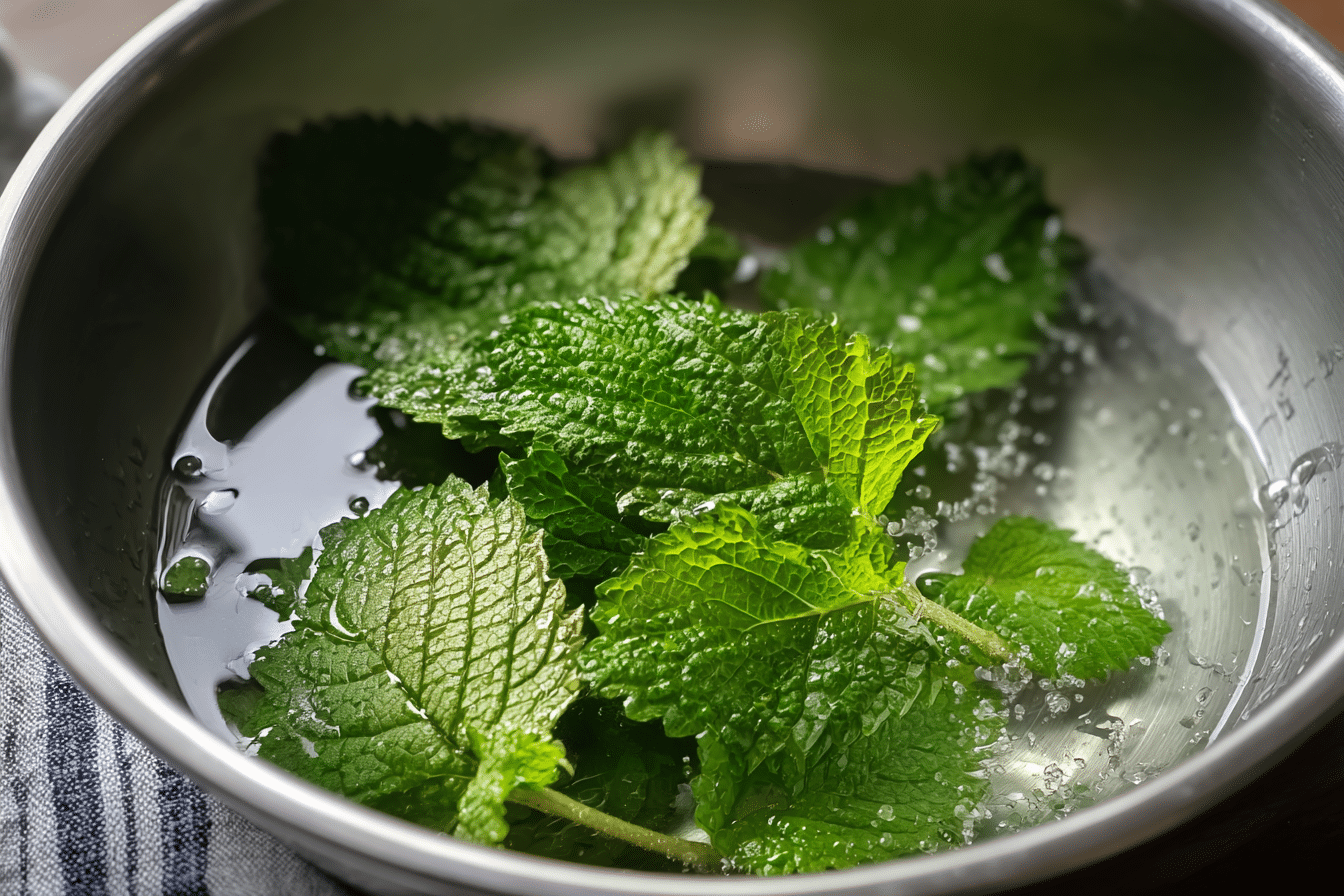 Fresh Lemon Balm Leaves – Ingredient Prep Photo Fresh lemon balm leaves in a stainless steel bowl on a kitchen counter