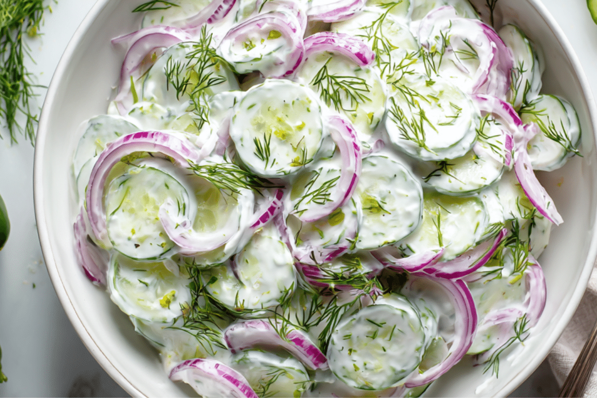 Greek Yogurt Cucumber Salad Greek yogurt cucumber salad in a white bowl with dill and red onion on a marble table