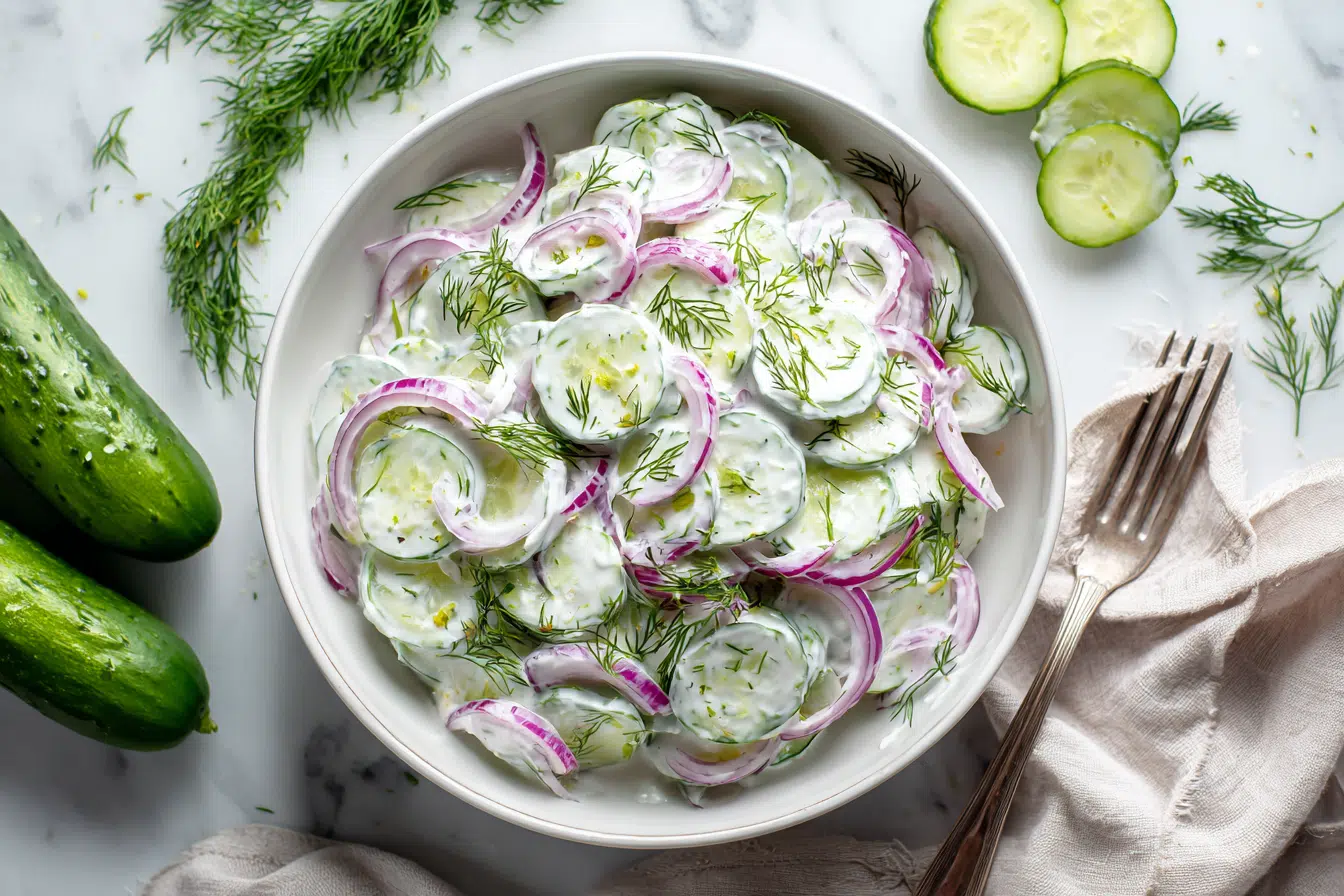 Greek Yogurt Cucumber Salad 1 Greek yogurt cucumber salad in a white bowl with dill and red onion on a marble table