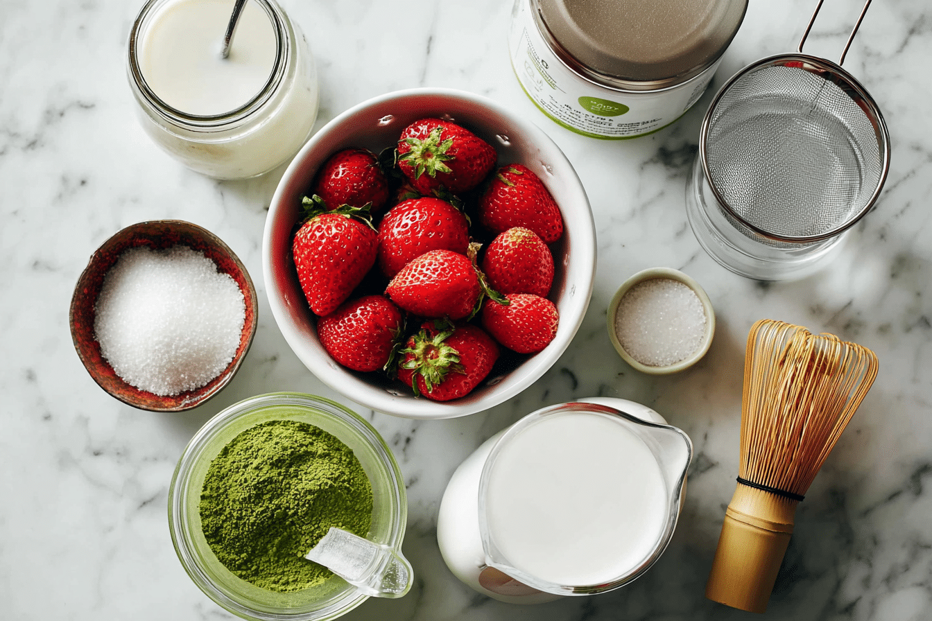 Flat lay of iced strawberry matcha latte ingredients iced-strawberry-matcha-latte-ingredients-flatlay