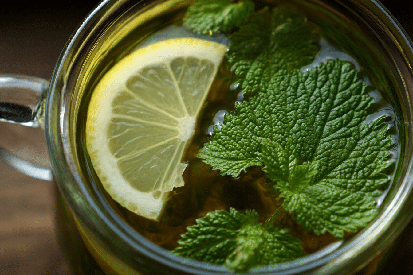 Lemon Balm Tea with Mint – Detox Recipe Photo Overhead photo of lemon balm tea with lemon slices and mint leaves in a clear glass