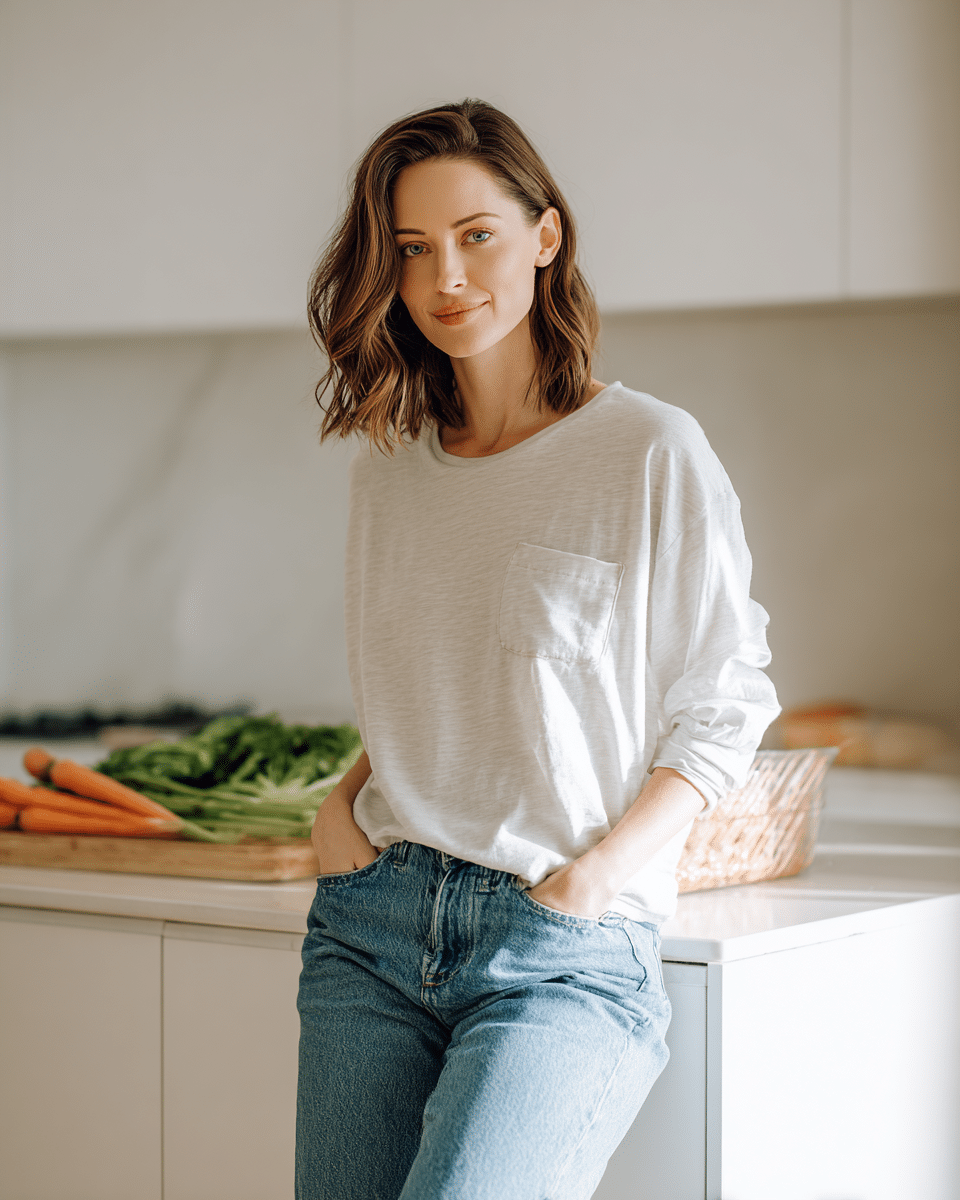 lena home cook profile. Portrait of Lena, a home cook, smiling gently in a white kitchen.