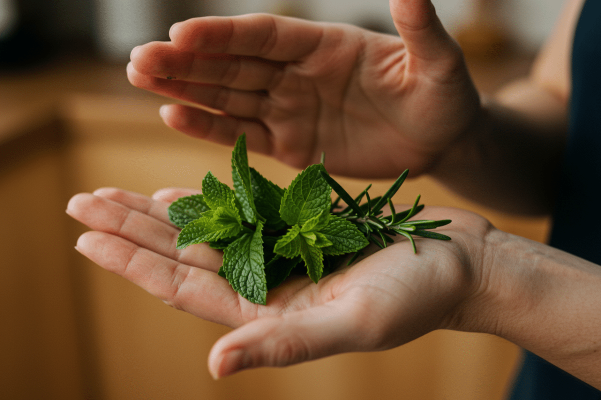 How to Awaken Fresh Herbs for Tea A woman's hands gently clapping fresh mint and rosemary together to awaken the herbs for a homemade peppermint tea recipe.