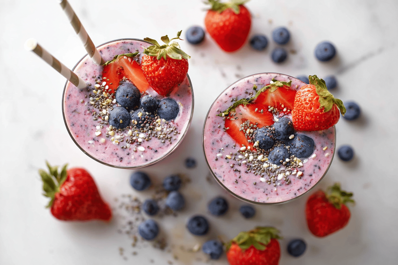 banana strawberry blueberry smoothie. Top view of banana strawberry blueberry smoothie in glasses with fruit and chia seeds