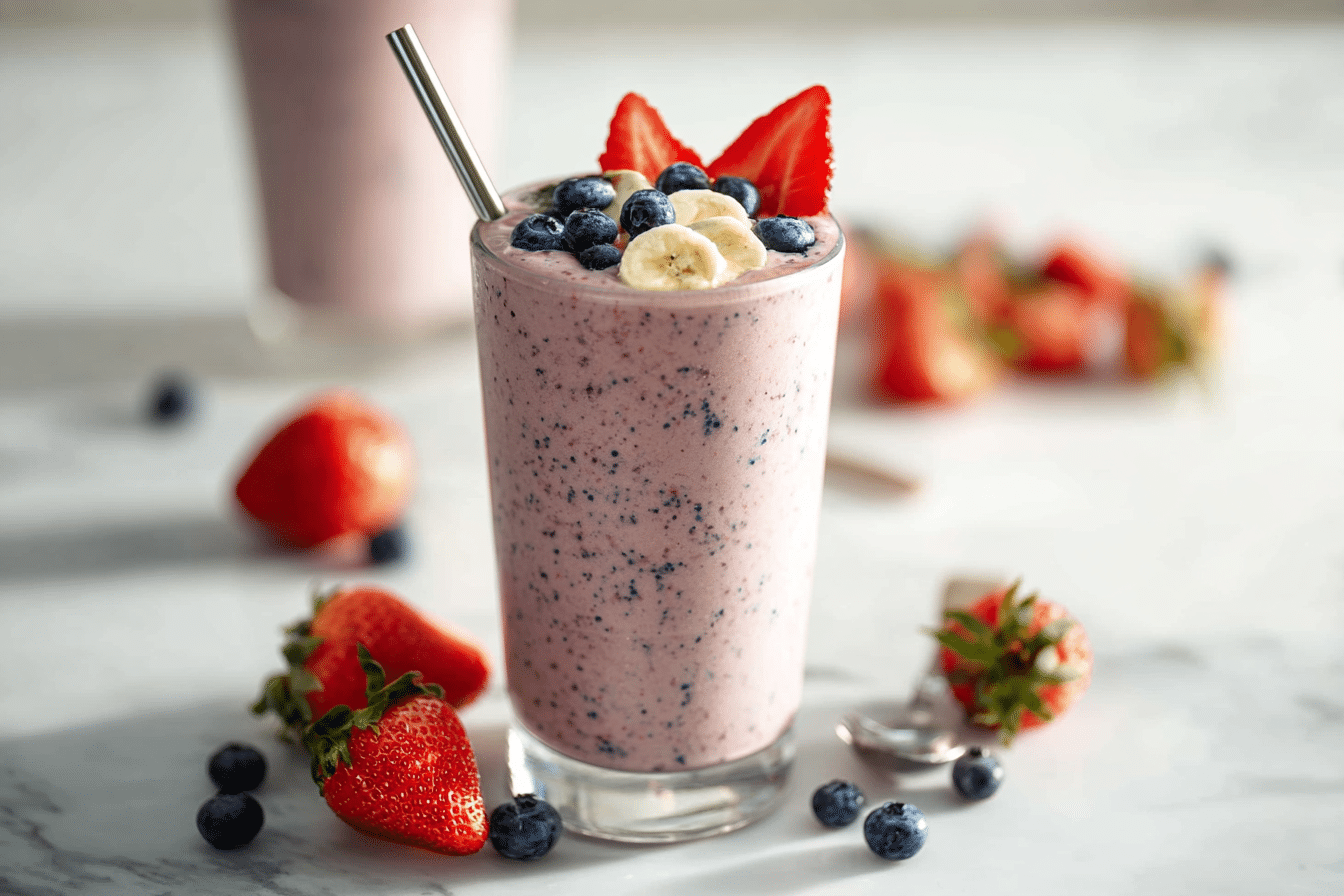 Home 6 Banana strawberry blueberry smoothie served in a clear glass on white marble with fresh fruit