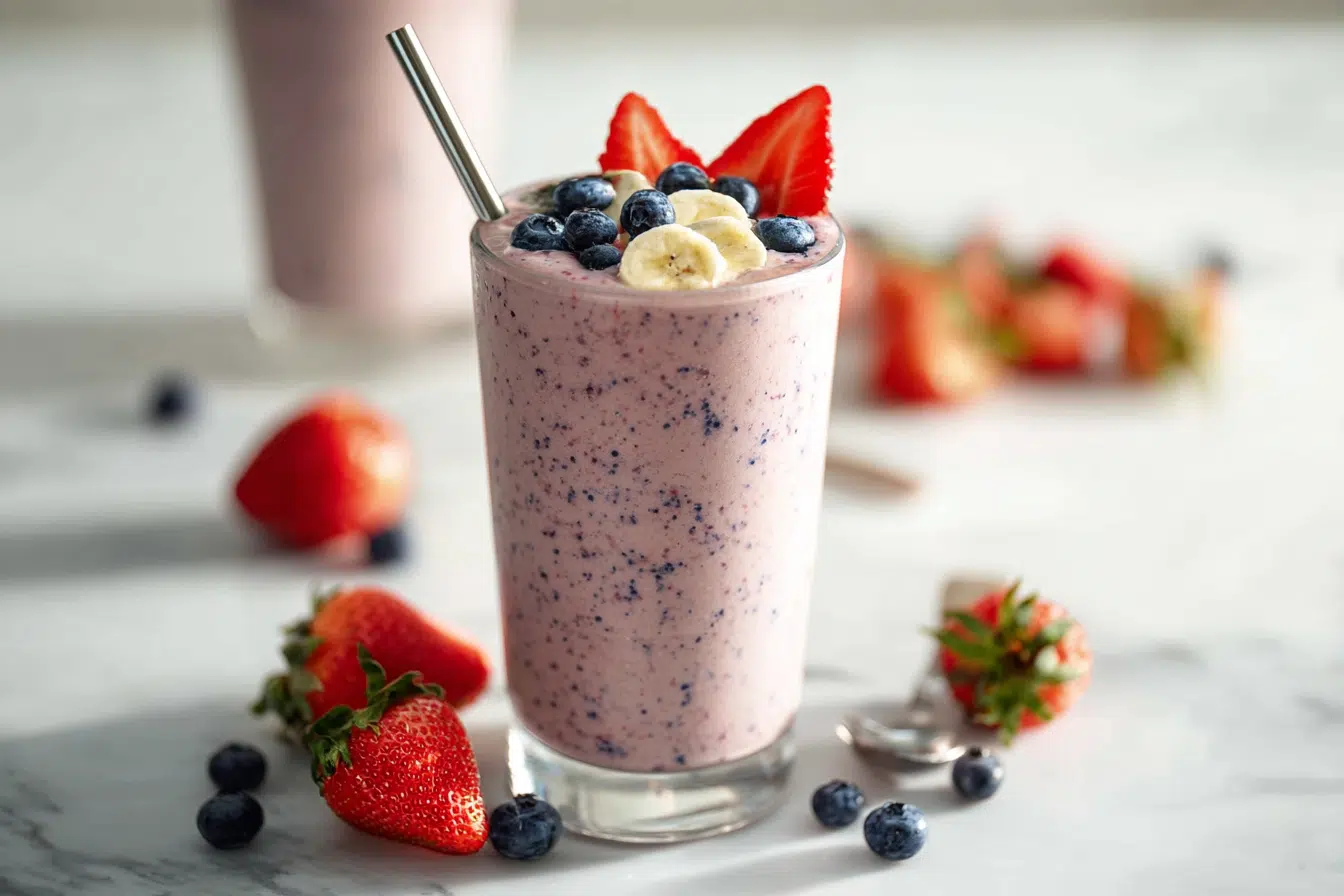 Banana strawberry blueberry smoothie served in a clear glass on white marble with fresh fruit