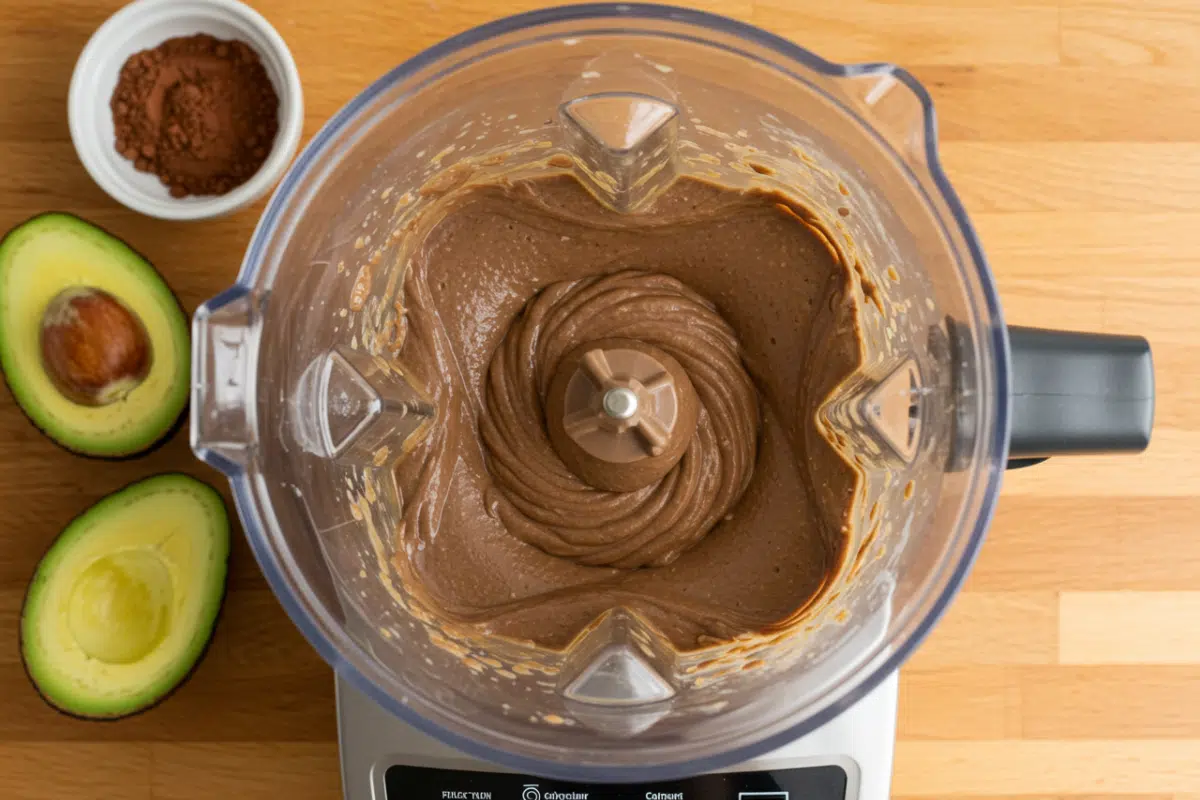 Blending a rich and creamy healthy chocolate mousse in a high-speed blender until it forms a smooth, glossy swirl.