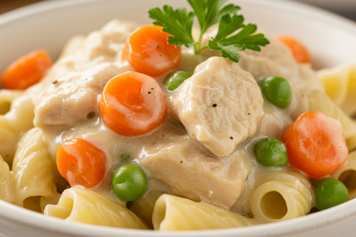 Cozy Chicken Pot Pie Pasta for Stress-Free Comfort 1 A close-up of a finished chicken pot pie pasta recipe in a rustic white bowl, showing the creamy sauce on tender chicken, carrots, and peas.