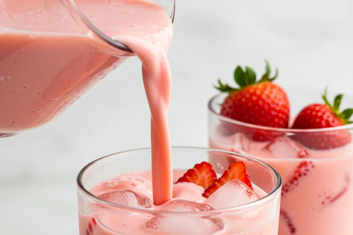 A creamy pink strawberry drink is being poured from a glass pitcher into a tall glass filled with ice cubes and fresh sliced strawberries, set against a bright white background.