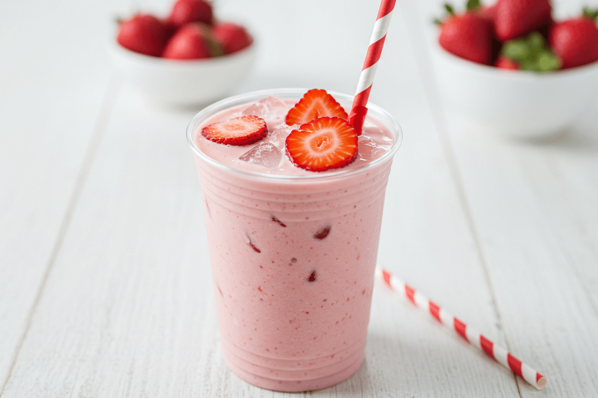 Copycat Starbucks Pink Drink Recipe Homemade copycat Starbucks Pink Drink in a clear cup with fresh strawberries and ice