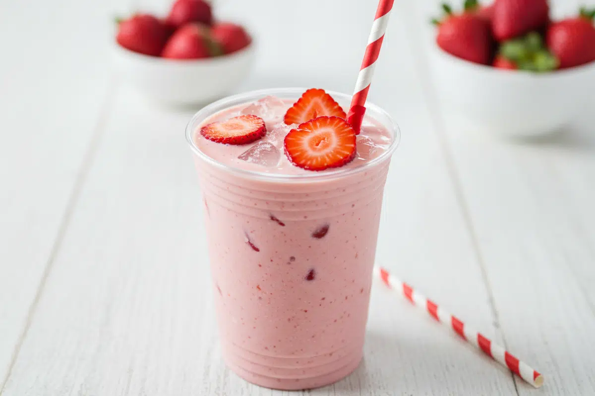 Homemade copycat Starbucks Pink Drink in a clear cup with fresh strawberries and ice