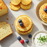 Cottage Cheese Keto Recipes: 4 Delicious Ideas You'll Love 2 A delicious spread of cottage cheese keto recipes, including a loaf of bread, a stack of pancakes, a bowl of chips, and a creamy dip, all arranged on a bright surface.