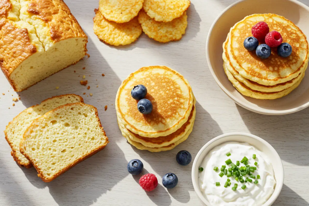 Cottage Cheese Keto Recipes: 4 Delicious Ideas You'll Love 1 A delicious spread of cottage cheese keto recipes, including a loaf of bread, a stack of pancakes, a bowl of chips, and a creamy dip, all arranged on a bright surface.