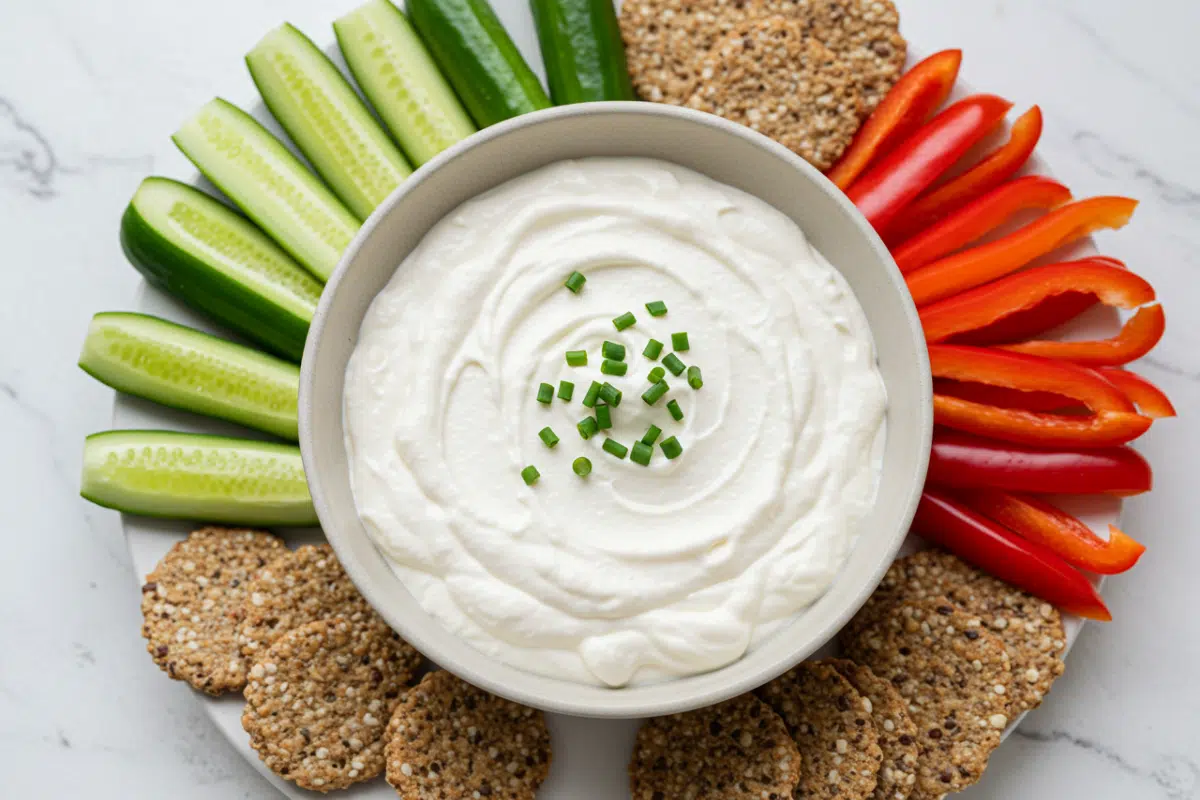 Creamy Keto Savory Herb Dip A top-down view of a creamy keto herb dip made with cottage cheese, surrounded by fresh cucumber, red bell pepper, and keto crackers, a healthy option for cottage cheese keto recipes.