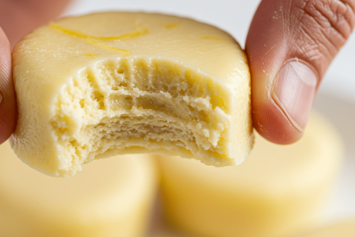 The Perfect Texture of Keto Fat Bombs A hand holding a keto fat bomb cream cheese with a bite taken out, showcasing its smooth and creamy interior.