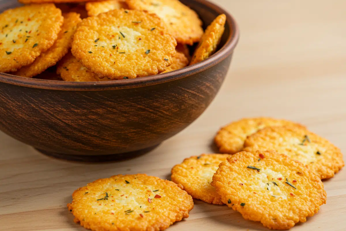 Crispy 1-Ingredient Keto Cottage Cheese Chips A rustic bowl filled with golden, crispy keto chips made from cottage cheese, an easy and savory snack from a list of cottage cheese keto recipes.