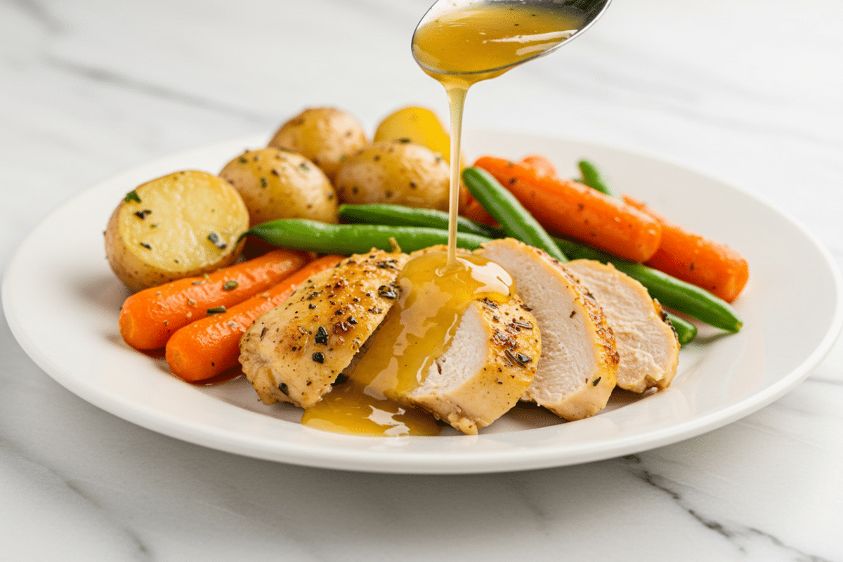 Crockpot Veggies and Chicken: The Ultimate One-Pan Weeknight Lifesaver 1 A close-up of a finished crockpot veggies and chicken on a white plate, with a lemon herb sauce being drizzled over sliced, juicy chicken breast.