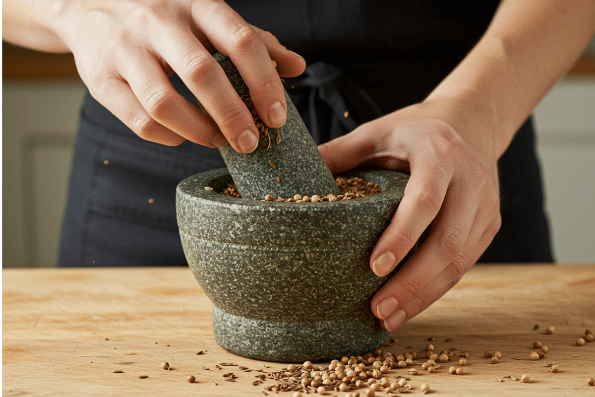 Crushing Seeds for Cumin Coriander Fennel Tea A person's hands crushing toasted cumin, coriander, and fennel seeds in a stone mortar and pestle to release their oils for making CCF tea.