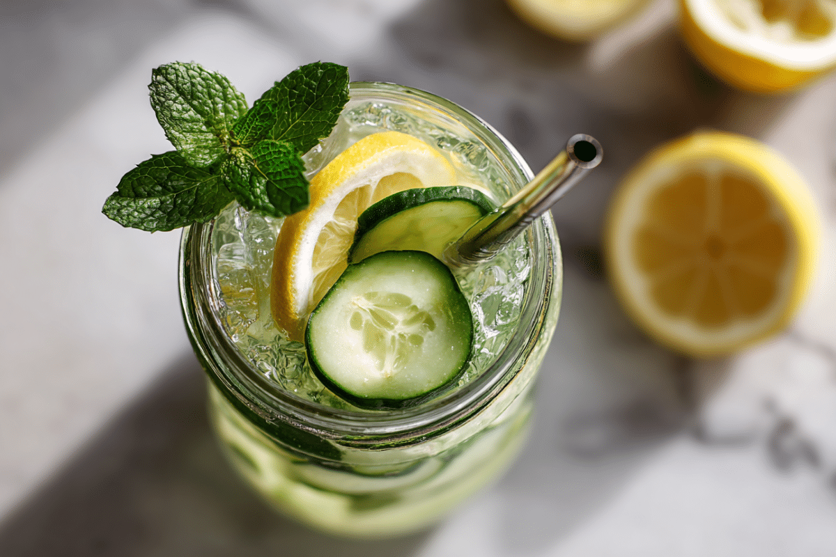Cucumber Mint Lemonade Top-down view of cucumber mint lemonade in a mason jar with lemon slices, cucumber rounds, and mint leaves on a white marble table
