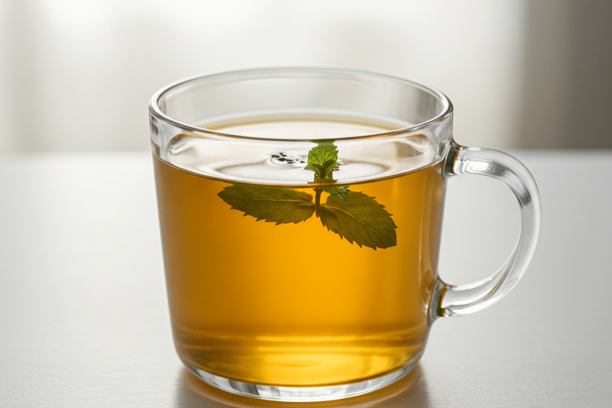 A Perfect Cup of Homemade Peppermint Tea A close-up of a finished peppermint tea recipe in a clear glass mug, with a single mint sprig floating inside, on a clean white table.