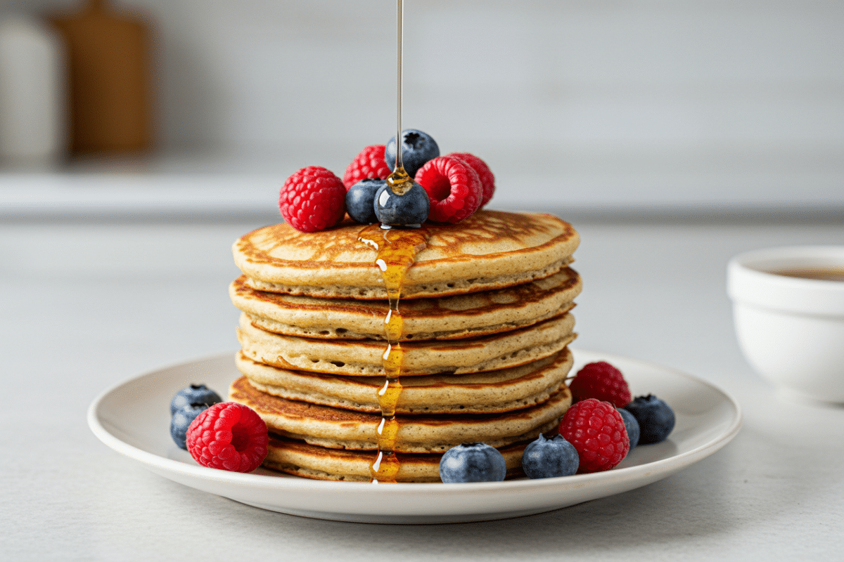 Fluffy Keto Cottage Cheese Pancakes A tall stack of fluffy keto pancakes made from cottage cheese, topped with fresh raspberries, blueberries, and a drizzle of syrup—a delicious sweet cottage cheese keto recipe.