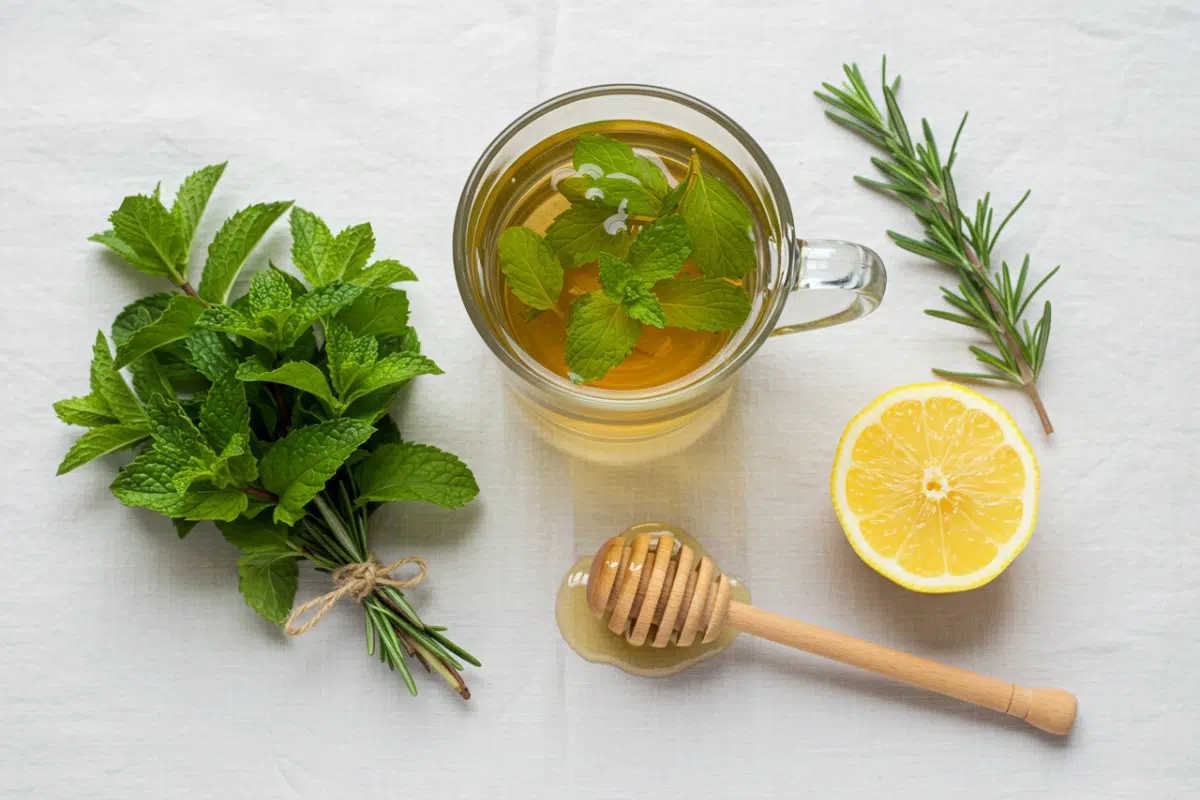 Home 13 A flat lay of ingredients for a fresh peppermint tea recipe, including a bunch of peppermint, a sprig of rosemary, a lemon slice, and a honey dipper next to a clear glass mug of the finished tea.