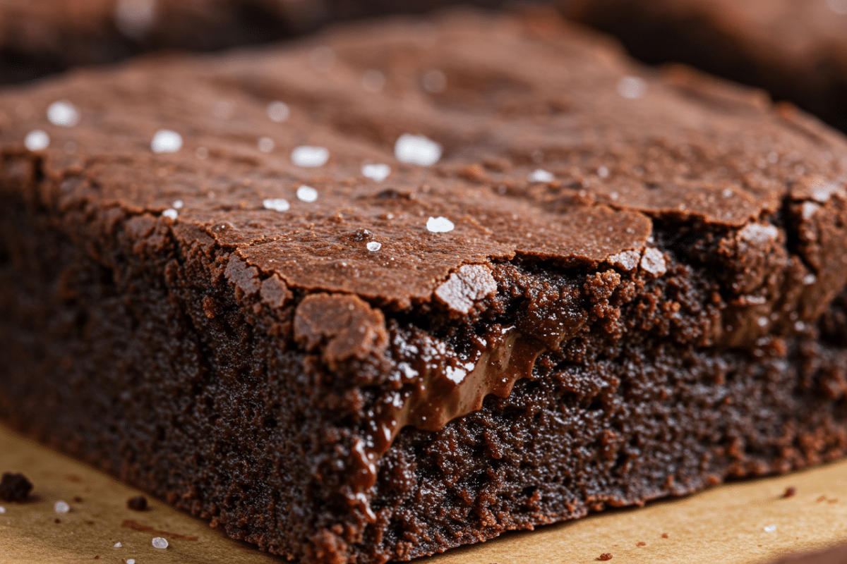 A Perfect Gluten and Dairy Free Chocolate Brownie A single, perfectly cut gluten and dairy free chocolate brownie on a plate, showing its fudgy texture and crackly top.
