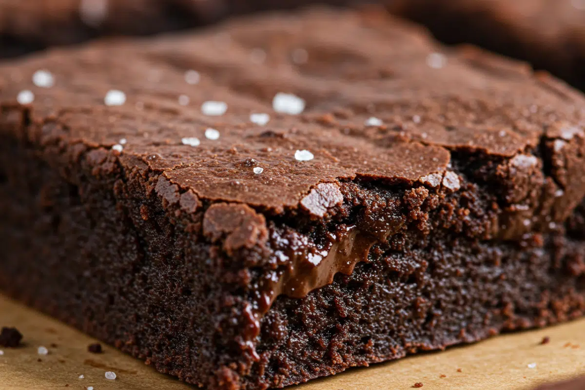 A single, perfectly cut gluten and dairy free chocolate brownie on a plate, showing its fudgy texture and crackly top.