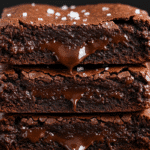 Gluten and Dairy Free Chocolate Brownies (So Fudgy, No One Will Know!) 2 A close-up stack of three fudgy gluten and dairy free chocolate brownies with gooey melted chocolate oozing from the layers.