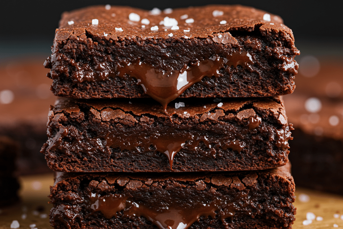 Gluten and Dairy Free Chocolate Brownies (So Fudgy, No One Will Know!) 1 A close-up stack of three fudgy gluten and dairy free chocolate brownies with gooey melted chocolate oozing from the layers.