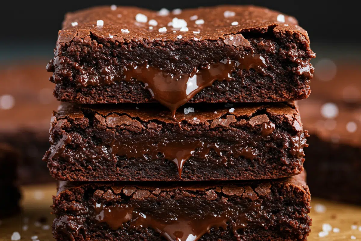 A close-up stack of three fudgy gluten and dairy free chocolate brownies with gooey melted chocolate oozing from the layers.