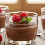 Healthy Chocolate Mousse (That’s Creamy, Vegan & Guilt-Free!) 2 A clear glass of creamy healthy chocolate mousse, garnished with fresh raspberries and a mint leaf, with more glasses in the soft-focus background.