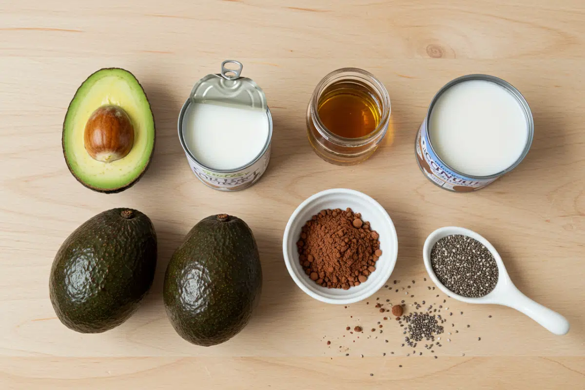 Ingredients for a healthy chocolate mousse laid out on a wooden board, including ripe avocados, raw cacao powder, coconut milk, maple syrup, and chia seeds.