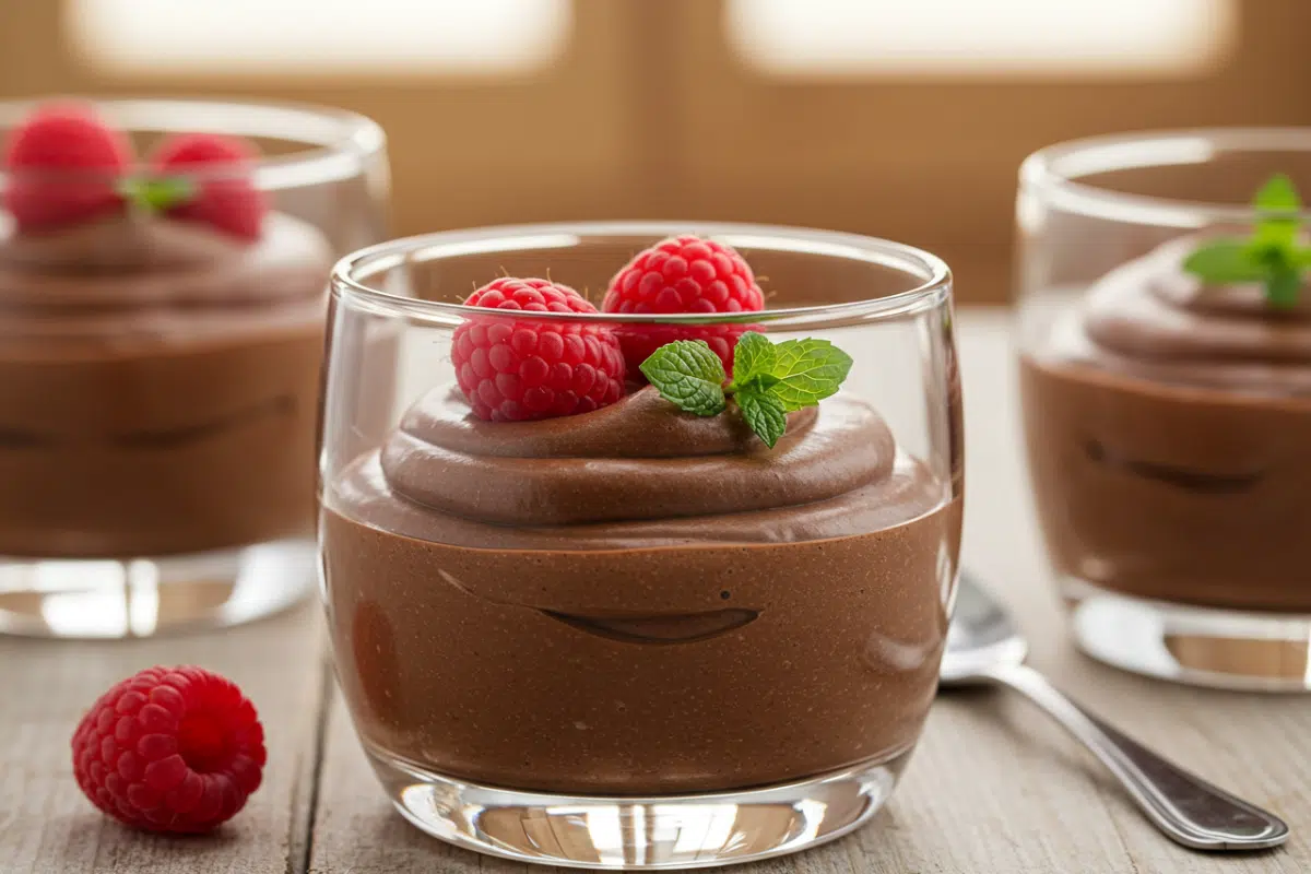A clear glass of creamy healthy chocolate mousse, garnished with fresh raspberries and a mint leaf, with more glasses in the soft-focus background.