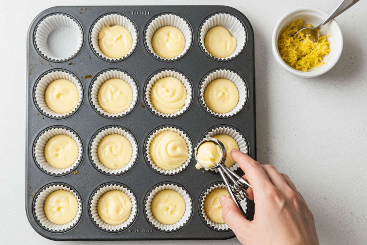 How to Make Cream Cheese Fat Bombs A hand using a cookie scoop to portion the cream cheese mixture into a mini muffin tin to make keto fat bombs.