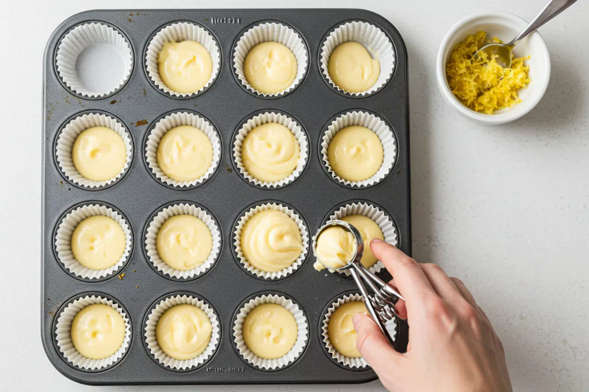 How to Make Cream Cheese Fat Bombs A hand using a cookie scoop to portion the cream cheese mixture into a mini muffin tin to make keto fat bombs.