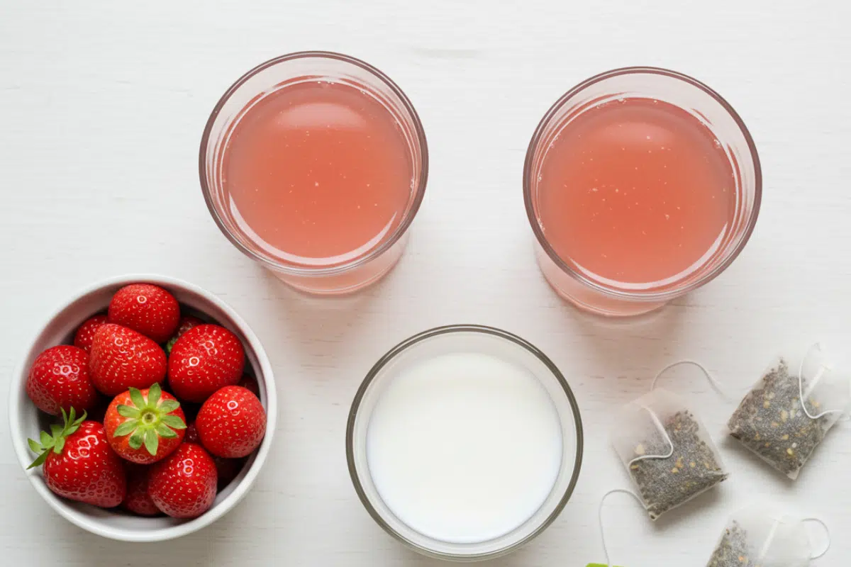 An overhead flat lay of ingredients for a homemade Pink Drink on a white wood surface: a bowl of fresh strawberries, a glass of coconut milk, two glasses of pink strawberry juice, and three loose passion fruit tea bags.