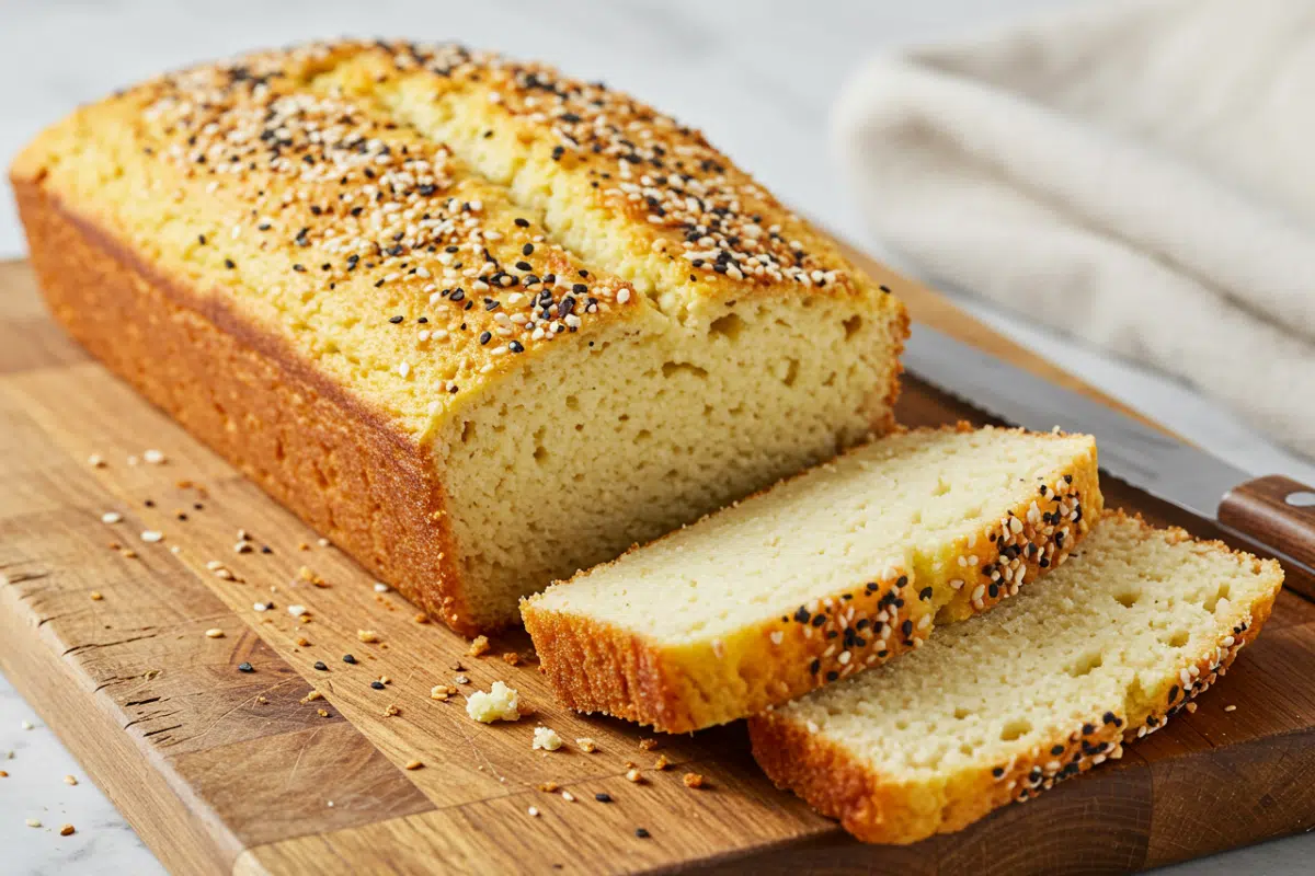 Keto Cottage Cheese Bread Recipe A loaf of Keto Cottage Cheese Bread with Everything Bagel Seasoning on top, with two slices cut to show the soft texture, as an example of cottage cheese keto recipes.