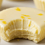 Easy Lemon Cheesecake Keto Fat Bombs with Cream Cheese 2 A close-up of a single keto fat bomb cream cheese with a bite taken out, showing the smooth, creamy cheesecake-like texture.
