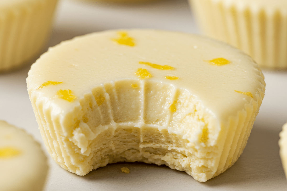 Easy Lemon Cheesecake Keto Fat Bombs with Cream Cheese 1 A close-up of a single keto fat bomb cream cheese with a bite taken out, showing the smooth, creamy cheesecake-like texture.