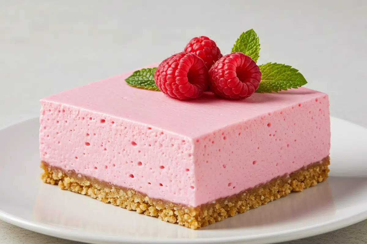 A square slice of pink raspberry **keto jello cream cheese dessert** with a nut crust, served on a white plate and garnished with fresh raspberries and mint.