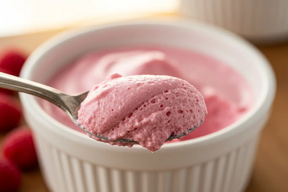 A silver spoon holds a perfect scoop of smooth, creamy pastel pink raspberry fluff, showcasing its light yet rich cheesecake-like texture.