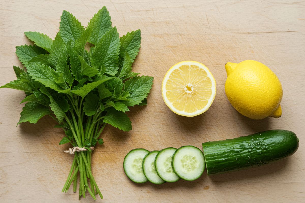 Ingredients for Lemon Balm Water Fresh ingredients for making lemon balm water laid out on a wooden cutting board, including bunches of lemon balm, a whole lemon, and slices of lemon and cucumber.