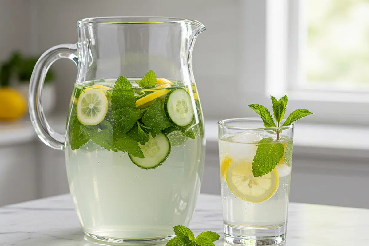 Home 14 A large glass pitcher and a glass filled with refreshing lemon balm water, garnished with fresh mint, lemon slices, and cucumber, set on a bright kitchen counter.