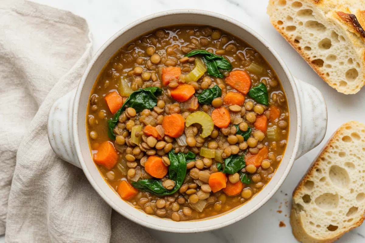 An overhead shot of a hearty lentil bean soup slow cooker recipe in a rustic white bowl, served with slices of crusty bread.