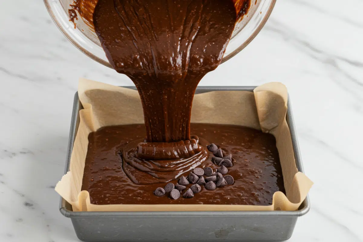 Pouring thick, glossy batter into a parchment-lined pan to make gluten and dairy free chocolate brownies.
