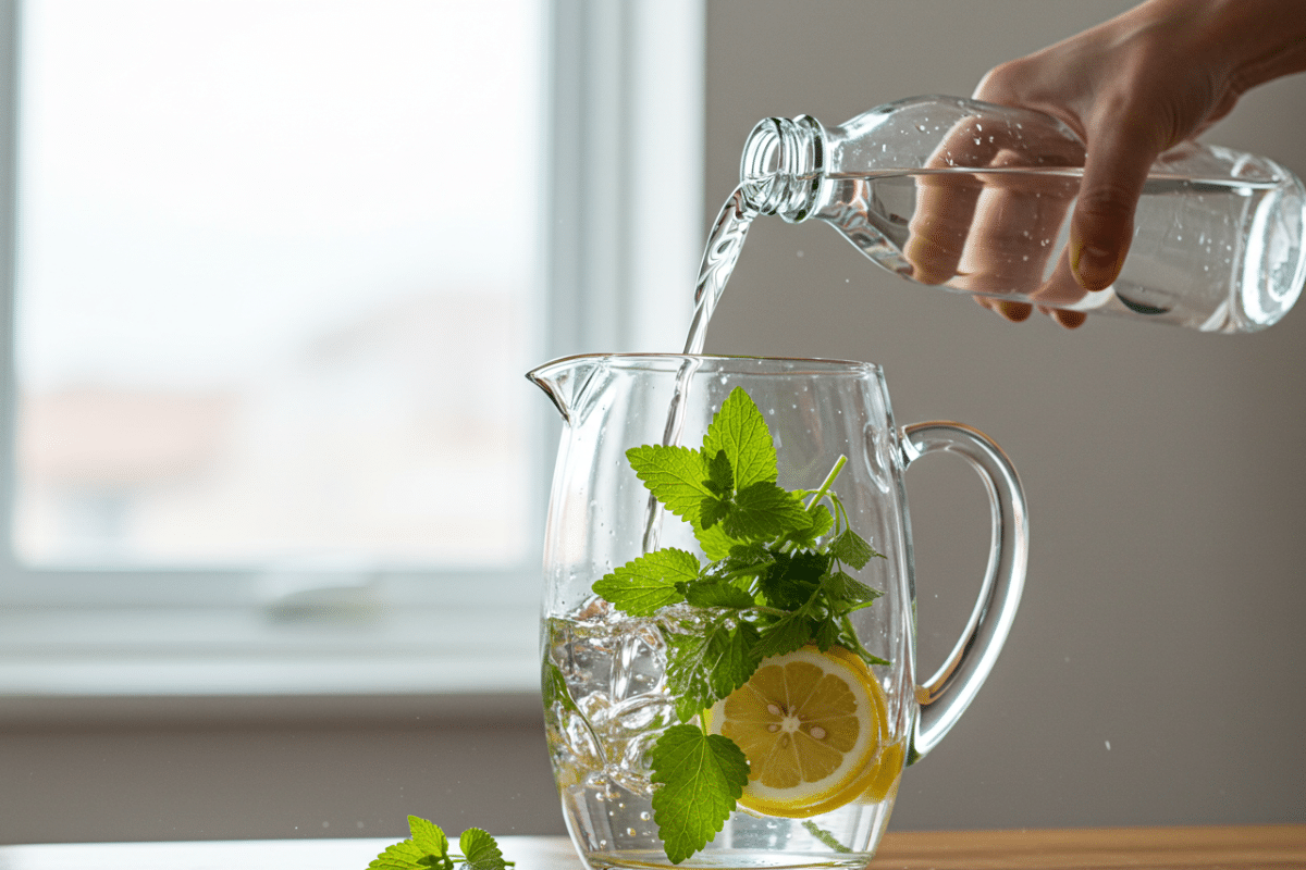 How to Make Lemon Balm Infused Water A hand pouring cold, filtered water into a glass pitcher to make lemon balm water, infusing the fresh lemon balm leaves and lemon slices already inside.