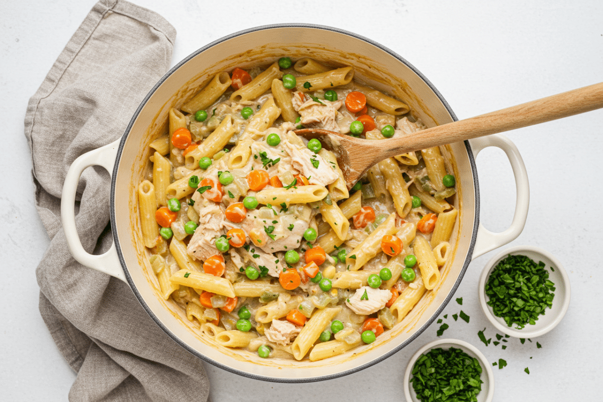 Easy One-Pot Chicken Pot Pie Pasta An overhead shot of a one-pot chicken pot pie pasta in a large white Dutch oven, with a wooden spoon and bowls of fresh parsley.