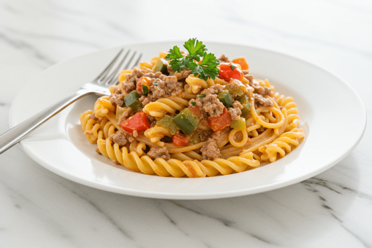 A Plate of Philly Cheesesteak Pasta A single serving of a Philly cheesesteak pasta with ground beef recipe on a clean white plate, made with rotini pasta and garnished with fresh parsley.