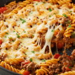 Creamy Philly Cheesesteak Pasta with Ground Beef 2 A cast iron skillet of Philly cheesesteak pasta with ground beef, with a wooden spoon lifting a cheesy bite